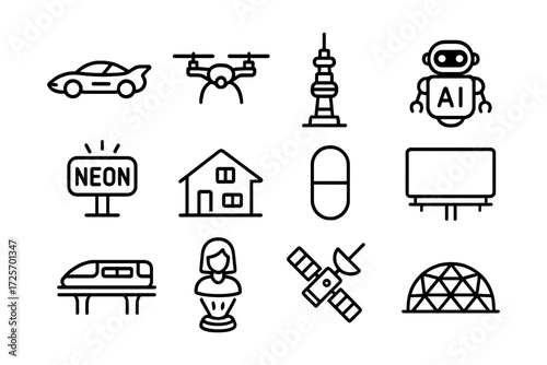 Modern icon set: transportation, ai, architecture, and technology in minimalist outline style