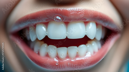 Realistic close up of healthy white teeth with bubbles dental hygiene concept