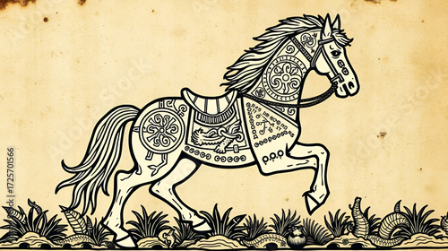 Mystical Celtic warhorse covered in ancient symbols rendered in an elaborate medieval woodcut style