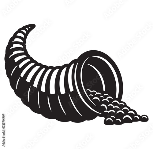 Black and white illustration of a filled cornucopia symbolizing abundance and harvest
