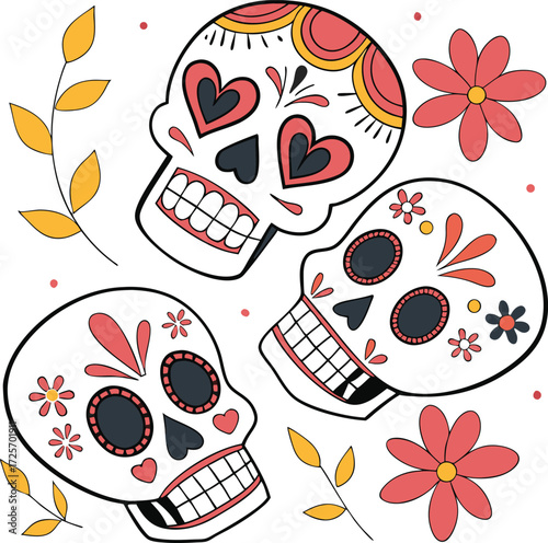 Traditional day of the dead sugar skull trio banner design