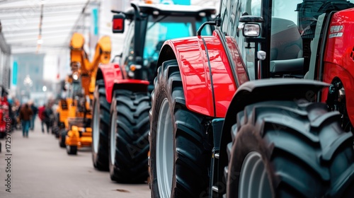 Modern agricultural tractors on display at farm machinery exhibition, showcasing colorful equipment and large off-road tires