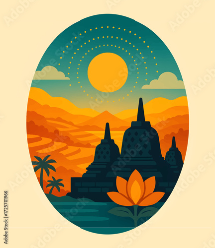 Borobudur Temple Stupa at Sunrise — Central Java Buddhist Heritage with Lotus & Palm, Oval Retro Vector