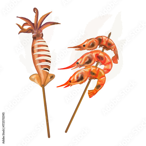 Hot grilled shrimp and squid skewers, delicious seafood vector illustration