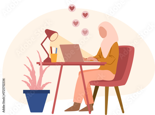 Flat illustration of a hijab woman working remotely on laptop at desk with plant.