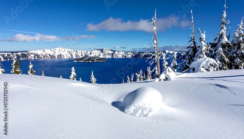 Winter wonderland overlooking a snow-covered crater lake