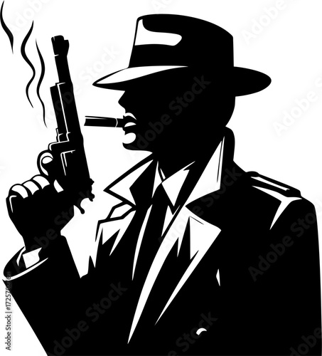 Noir Mafia Gangster Silhouette Vector – Smoking Detective in Fedora and Trench Coat with Classic Pistol