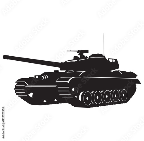 Black silhouette illustration of a modern military tank isolated on a clean white background