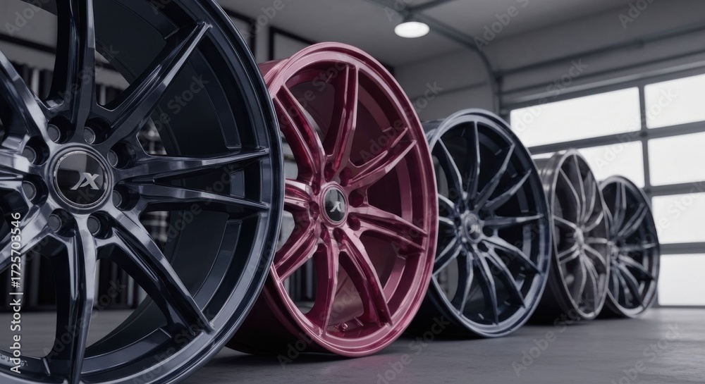 Fototapeta premium Multiple dark-colored alloy wheels, various shades