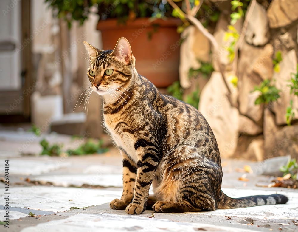 Naklejka premium A brown tabby cat sits on a sun-drenched stone patio, alert and gazing to its left