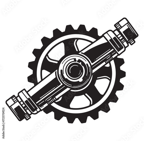 Detailed vector illustration of a steampunk style mechanical gear element in black and white
