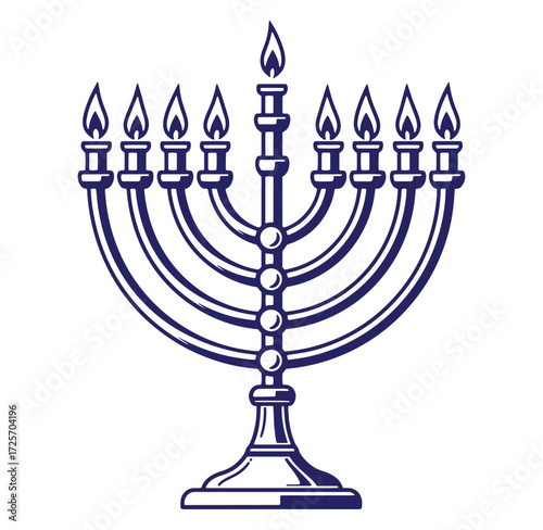 Elegant and detailed line art illustration of a traditional jewish menorah with lit candles