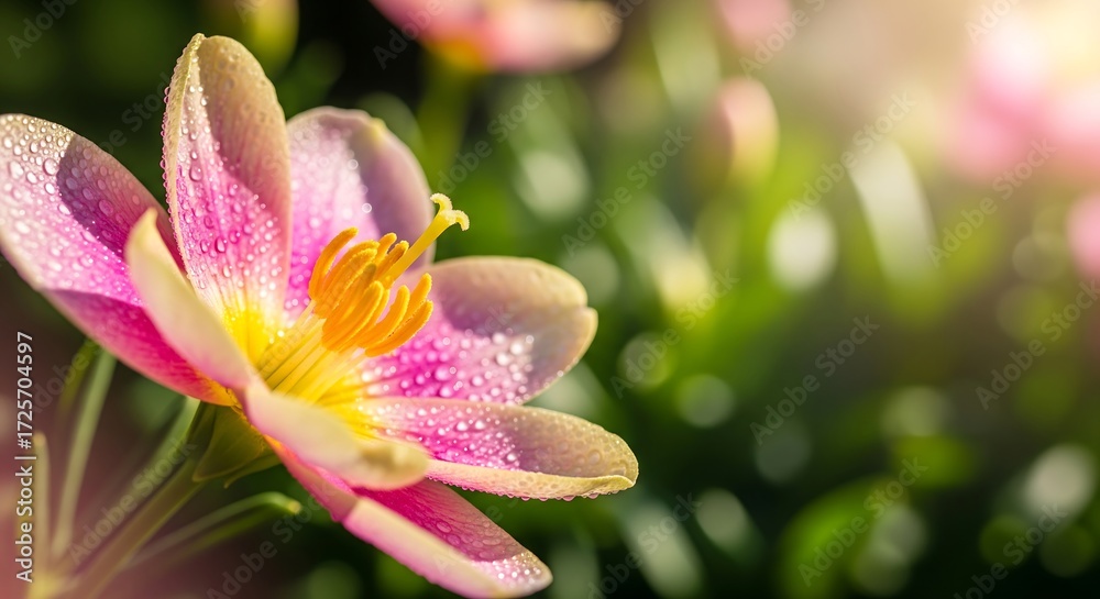 Fototapeta premium Pink Flower Blooming with Droplets in Soft Sunlight, Delicate Floral Close-up