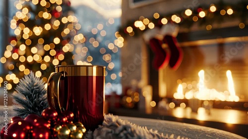 Celebrate Christmas with cozy holiday decorations and warm drinks by the fireplace