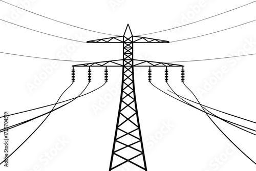 Central high-voltage electricity pylon with radiating power lines, vector illustration, energy infrastructure, black and white, minimalist design, industrial concept