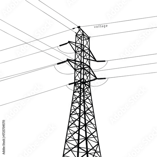 Central high-voltage electricity pylon with radiating power lines, vector illustration, energy infrastructure, black and white, minimalist design, industrial concept