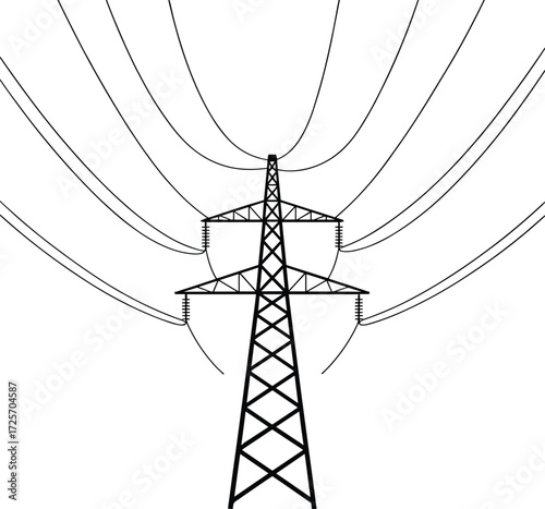 Central high-voltage electricity pylon with radiating power lines, vector illustration, energy infrastructure, black and white, minimalist design, industrial concept