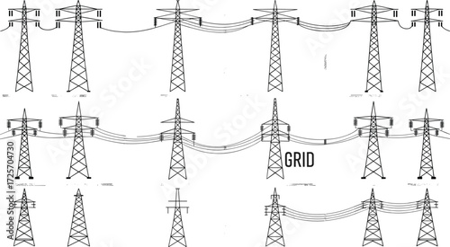 Electricity grid icons set with transmission towers and power lines, vector illustration, black and white, minimalist design, energy infrastructure symbols