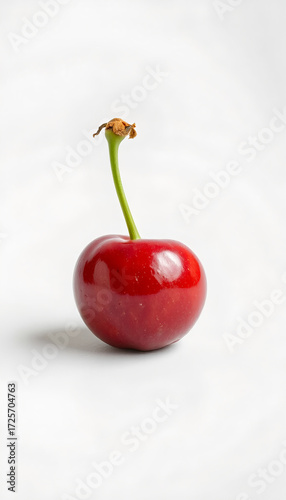Red cherry fruit with stem on white background  