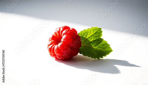 Fresh raspberry with green leaf on white background  