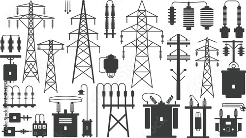 High-voltage electricity pylon with insulators and power lines, vector illustration, industrial energy infrastructure, black and white, minimalist design, electric grid