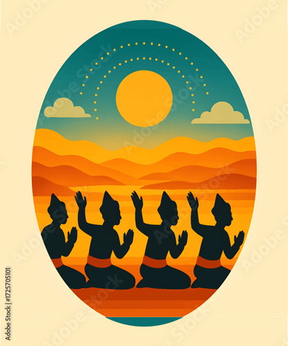 Indonesian Traditional Folk Dance at Sunset — Silhouette Dancers with Terraced Hills, Oval Retro