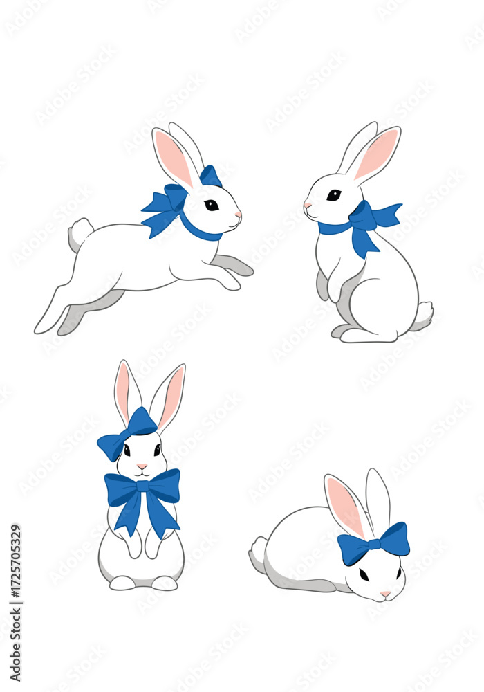 Fototapeta premium Four adorable white bunnies wearing blue bows in different playful poses.