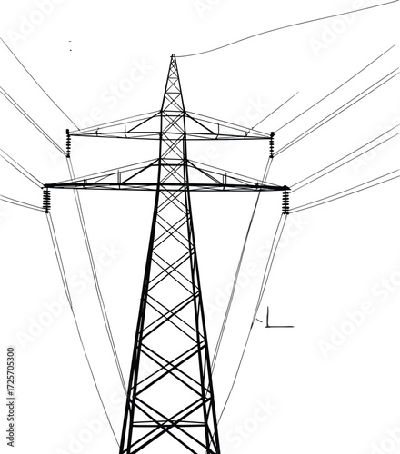 High-voltage electricity pylon with power lines, vector illustration, energy infrastructure, black and white, minimalist design, industrial concept, electric grid