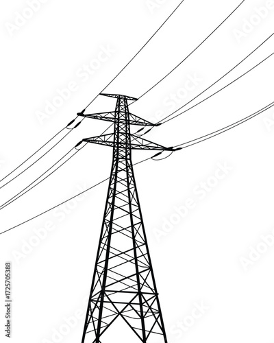 High-voltage electricity pylon with power lines, vector illustration, energy infrastructure, black and white, minimalist design, industrial concept, electric grid