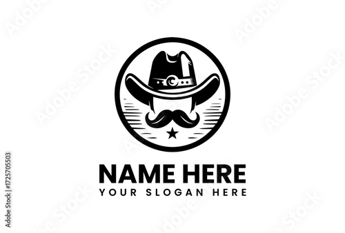 Stylized Cowboy Emblem Hat Mustache and Star in a Circular Frame.