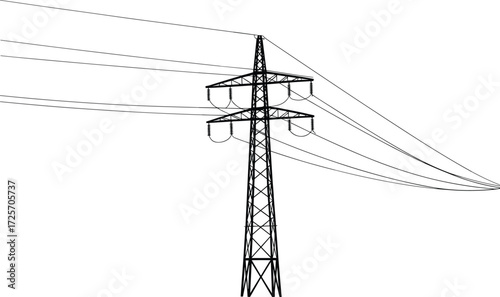 High-voltage electricity pylon with power lines, vector illustration, energy infrastructure, black and white, minimalist design, industrial concept