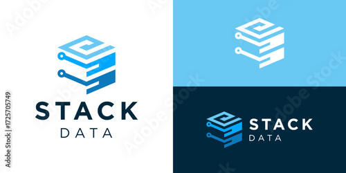 Creative simple stack data logo template. Stack layers with circuit technology symbol logo design vector illustration.