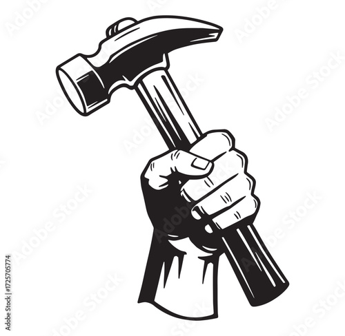 Hand gripping a hammer with a firm grasp in a black and white line art style