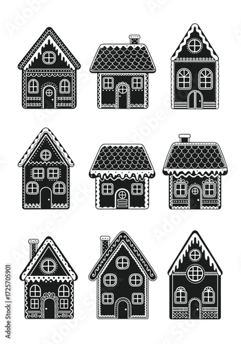 A collection of nine decorative gingerbread houses perfect for holiday seasons and winter festivities.