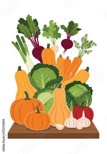 A bountiful harvest of fresh fall vegetables including pumpkins squash cabbage and root vegetables displayed on a wooden surface.