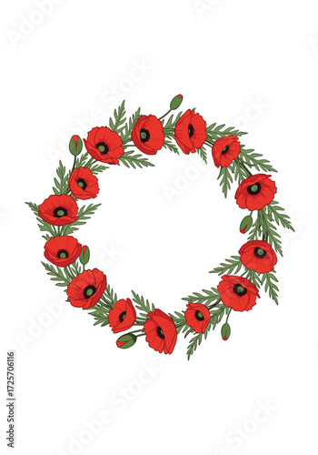 A decorative circular frame composed of vibrant red poppy flowers and lush green foliage for a poignant remembrance or commemoration.