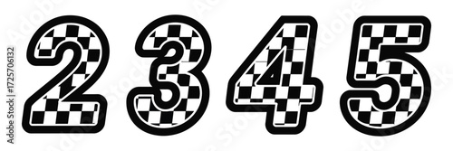 Motorsport style racing numbers 2 to 5 with checkered flag pattern vector