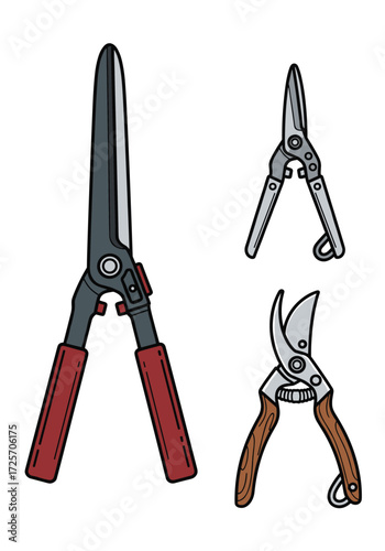 A collection of three different types of pruning shears and cutters for gardening tasks.