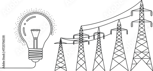Innovative technologies concept with lightbulb and electricity pylons, vector illustration, energy infrastructure, power transmission, industrial design, black and white