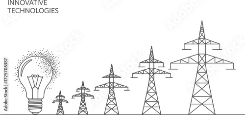 Innovative technologies concept with lightbulb and electricity pylons, vector illustration, energy infrastructure, power transmission, industrial design, black and white