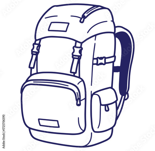 Illustrated outline of a blue and white backpack ready for hiking adventures or travel