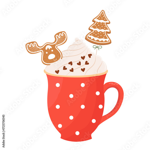 Christmas hot drink with cream and gingerbread in a red cup.