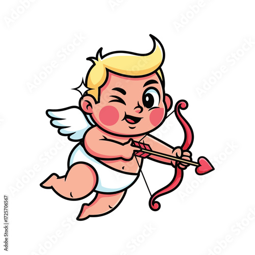 Cute cupid cartoon character winking and holding bow and arrow isolated on white background