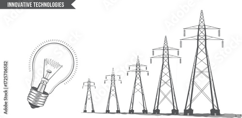 Innovative technologies concept with lightbulb and electricity pylons, vector illustration, energy infrastructure, power transmission, industrial design, black and white