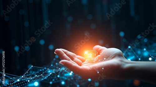 Abstract concept of quantum computing with hand and luminous qubit in a digital field.