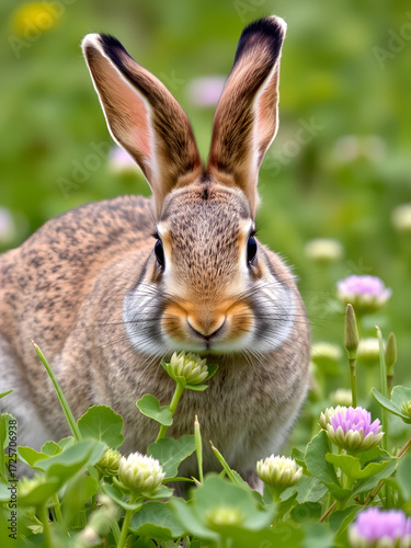A wild rabbit nibbling on clover in a field