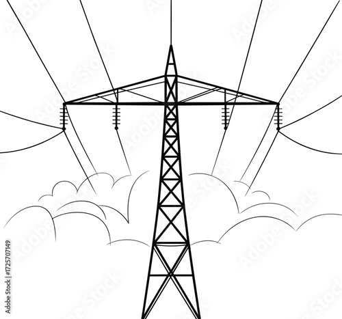 Set of twenty electricity pylons icons, vector line art, power transmission towers, minimalist black and white design, energy infrastructure symbols