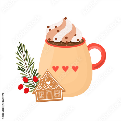Christmas hot drink with cream. Hot chocolate with gingerbread and holly berry decor.