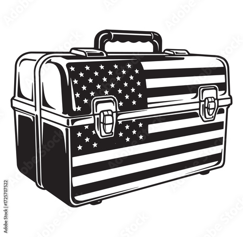 Patriotic american tool box illustration representing labor and american craftsmanship in black and white