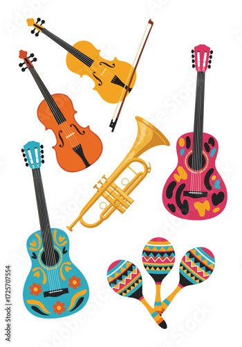 A vibrant collection of various musical instruments including guitars violins and a trumpet.